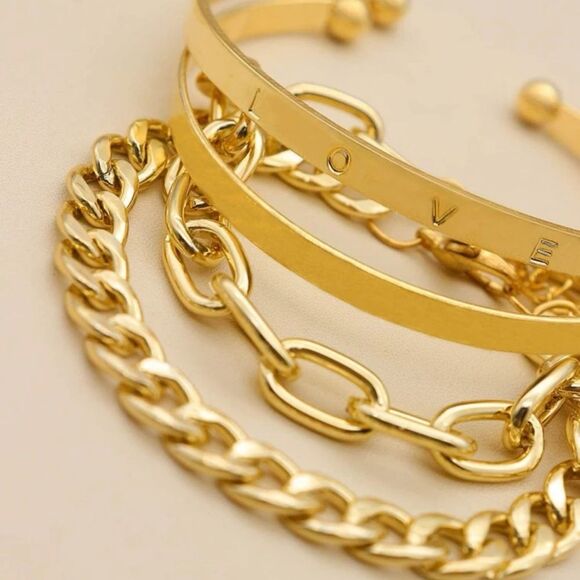 Unisex LOVE Men Women Gold Over Silver Chunky Gold Link Bangle Set - Picture 4 of 13